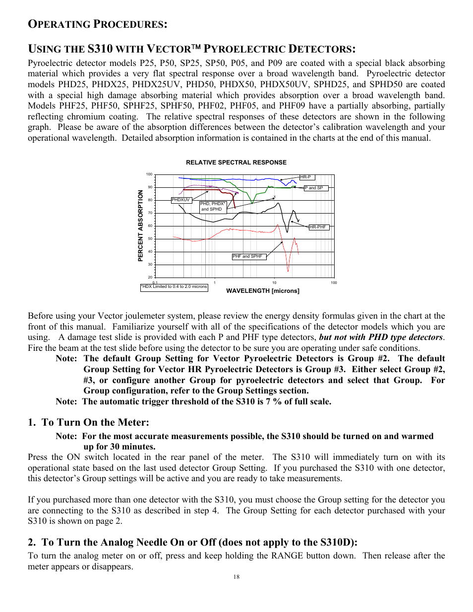 S310, Perating, Rocedures | Sing the, With, Ector, Yroelectric, Etectors | Scientech S310 Vector User Manual | Page 18 / 58