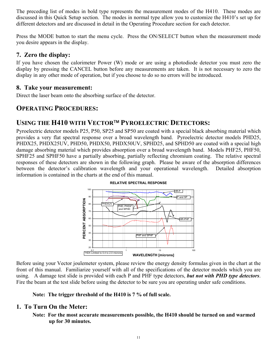 H410, Zero the display, Take your measurement | Perating, Rocedures, Sing the, With, Ector, Yroelectric, Etectors | Scientech H410 Vector User Manual | Page 11 / 46
