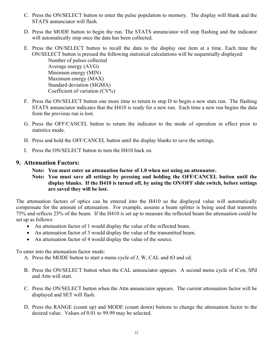 Attenuation factors | Scientech H410 Vector User Manual | Page 22 / 46