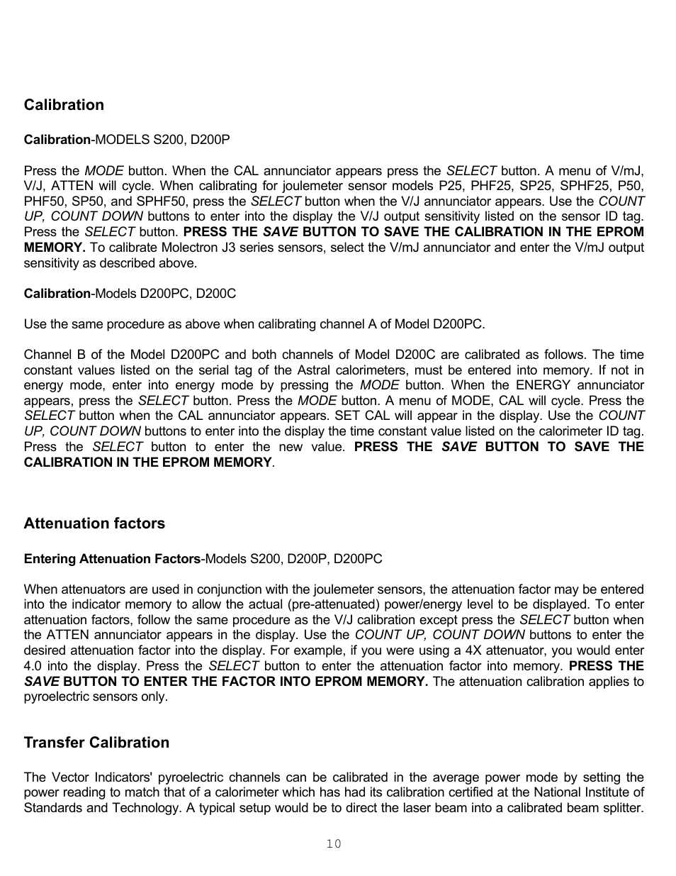 Calibration, Attenuation factors, Transfer calibration | Scientech S200 Vector User Manual | Page 13 / 42