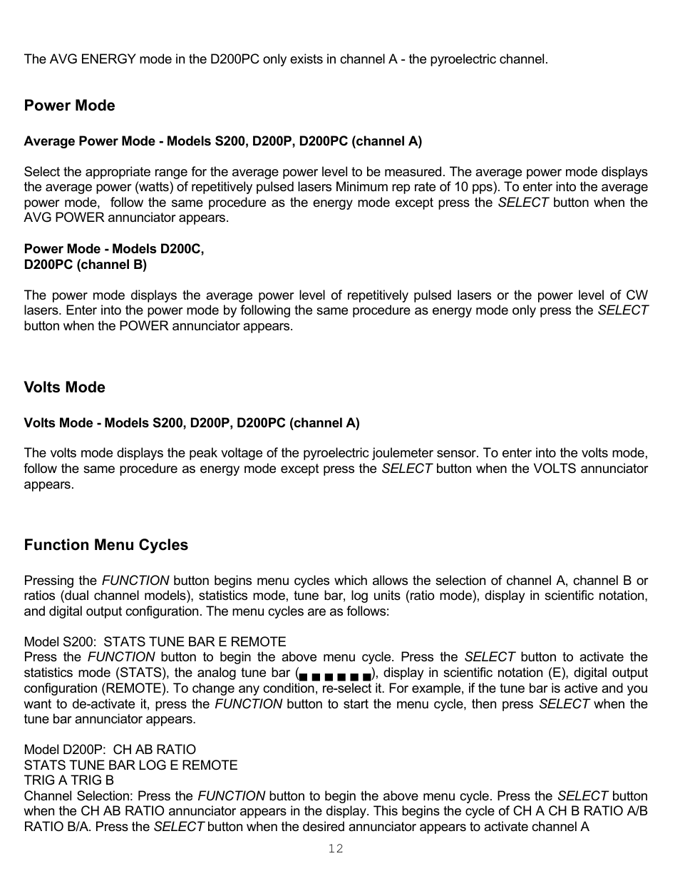 Power mode, Volts mode, Function menu cycles | Power mode volts mode function menu cycles | Scientech S200 Vector User Manual | Page 15 / 42