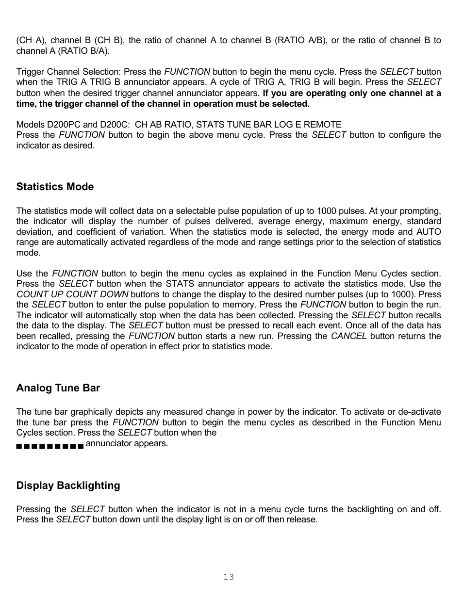 Statistics mode, Analog tune bar, Display backlighting | Scientech S200 Vector User Manual | Page 16 / 42