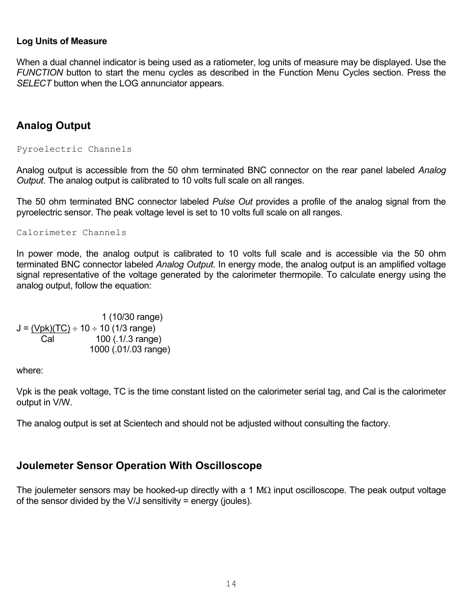 Analog output, Joulemeter sensor operation with oscilloscope | Scientech S200 Vector User Manual | Page 17 / 42