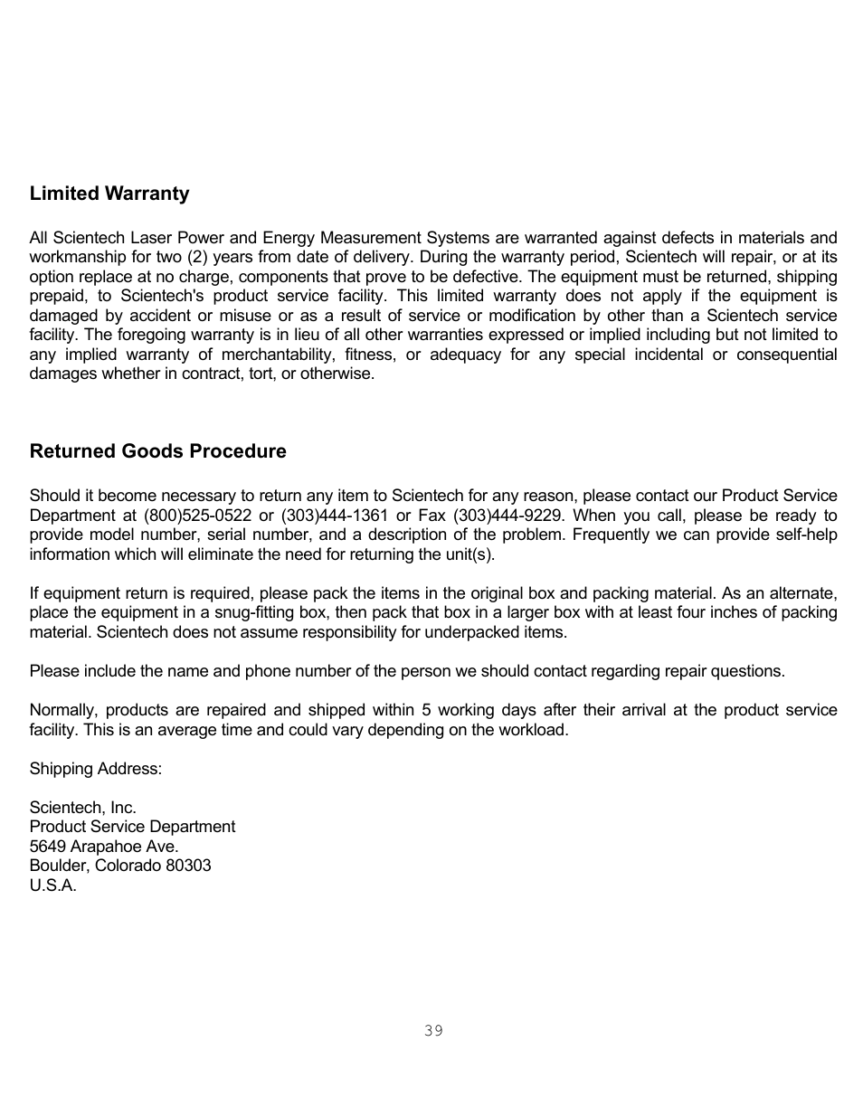 Limited warranty, Returned goods procedure, Eturned goods procedure | Scientech S200 Vector User Manual | Page 42 / 42