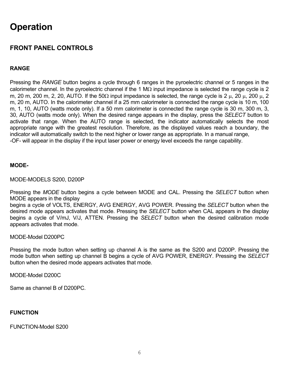 Operation, Front panel controls, Range | Mode, Function, Range mode function | Scientech S200 Vector User Manual | Page 9 / 42