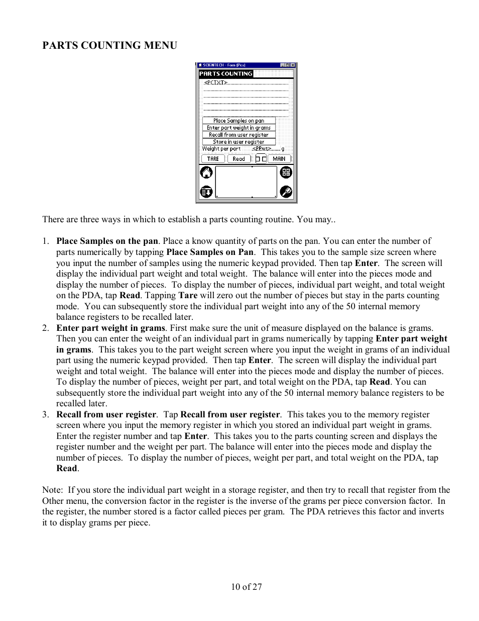 Parts counting menu | Scientech PDA User Manual | Page 10 / 27