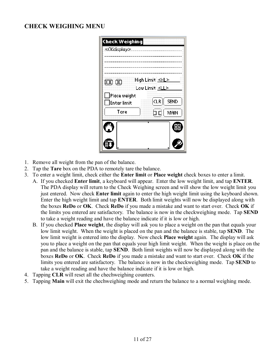 Check weighing menu | Scientech PDA User Manual | Page 11 / 27