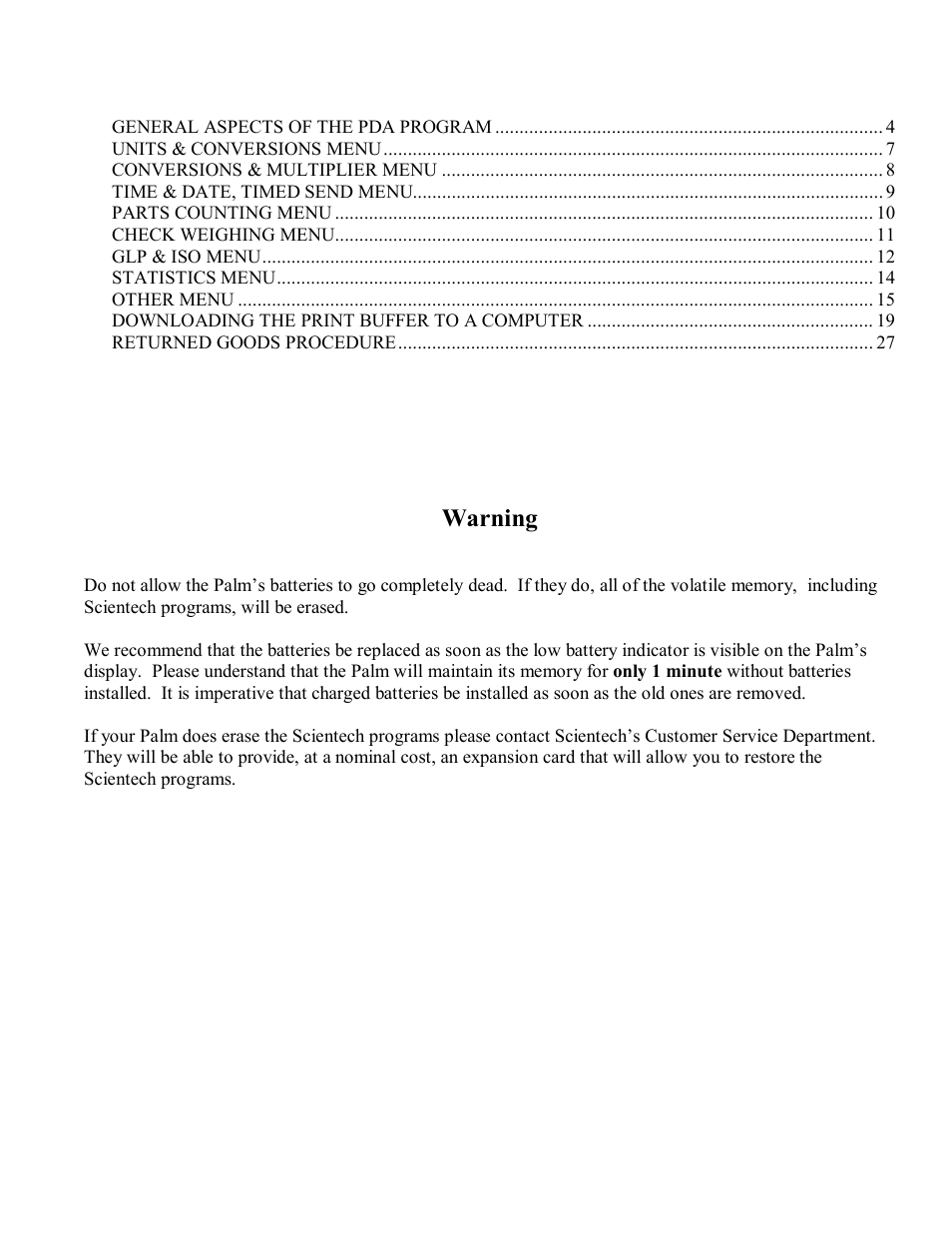 Warning | Scientech PDA User Manual | Page 2 / 27