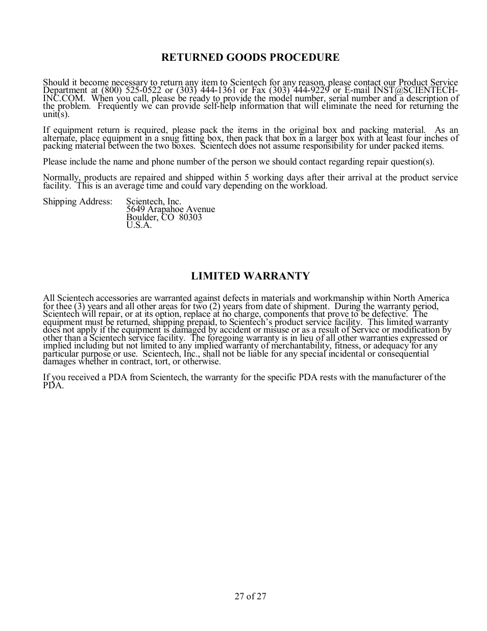 Returned goods procedure | Scientech PDA User Manual | Page 27 / 27