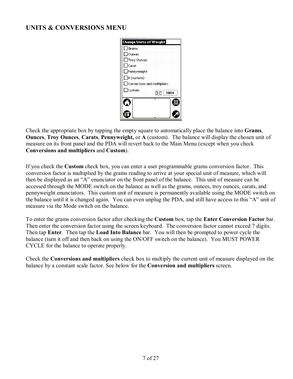 Units & conversions menu | Scientech PDA User Manual | Page 7 / 27
