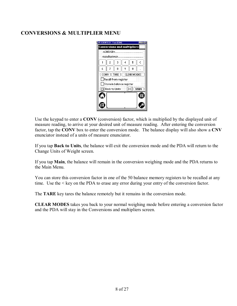 Conversions & multiplier menu | Scientech PDA User Manual | Page 8 / 27