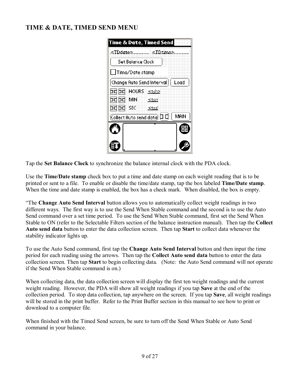 Time & date, timed send menu | Scientech PDA User Manual | Page 9 / 27