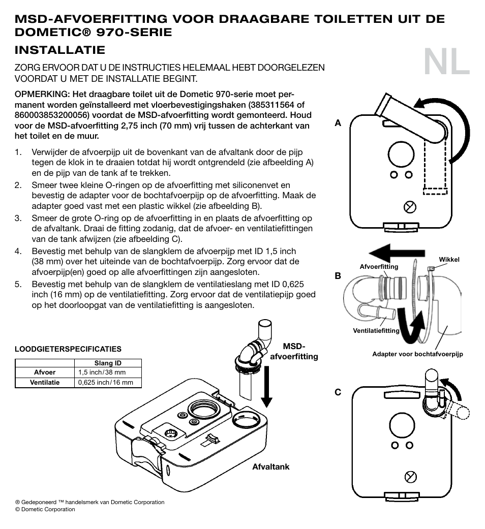 Installatie | SeaLand 970 Series MSD Fittings User Manual | Page 11 / 16