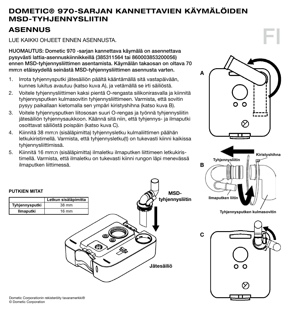 Asennus | SeaLand 970 Series MSD Fittings User Manual | Page 9 / 16