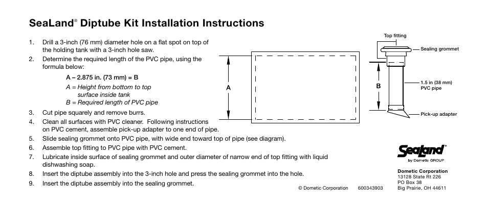 SeaLand Diptube Kit User Manual | 1 page