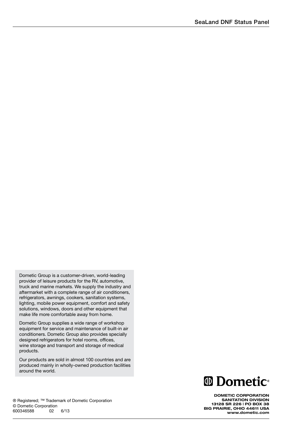 Sealand dnf status panel | SeaLand Do Not Flush Panel User Manual | Page 12 / 12