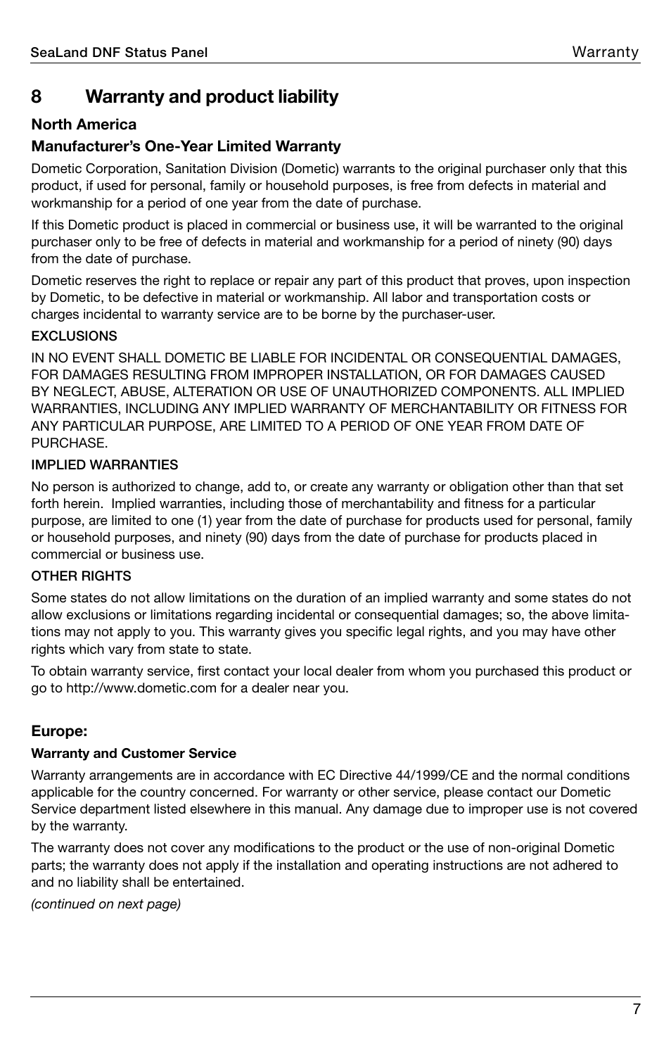 Warranty, 8warranty and product liability | SeaLand Do Not Flush Panel User Manual | Page 7 / 12