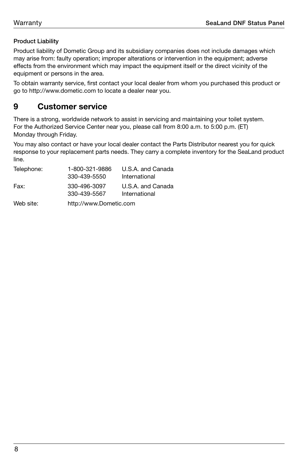 Customer service, 9customer service | SeaLand Do Not Flush Panel User Manual | Page 8 / 12