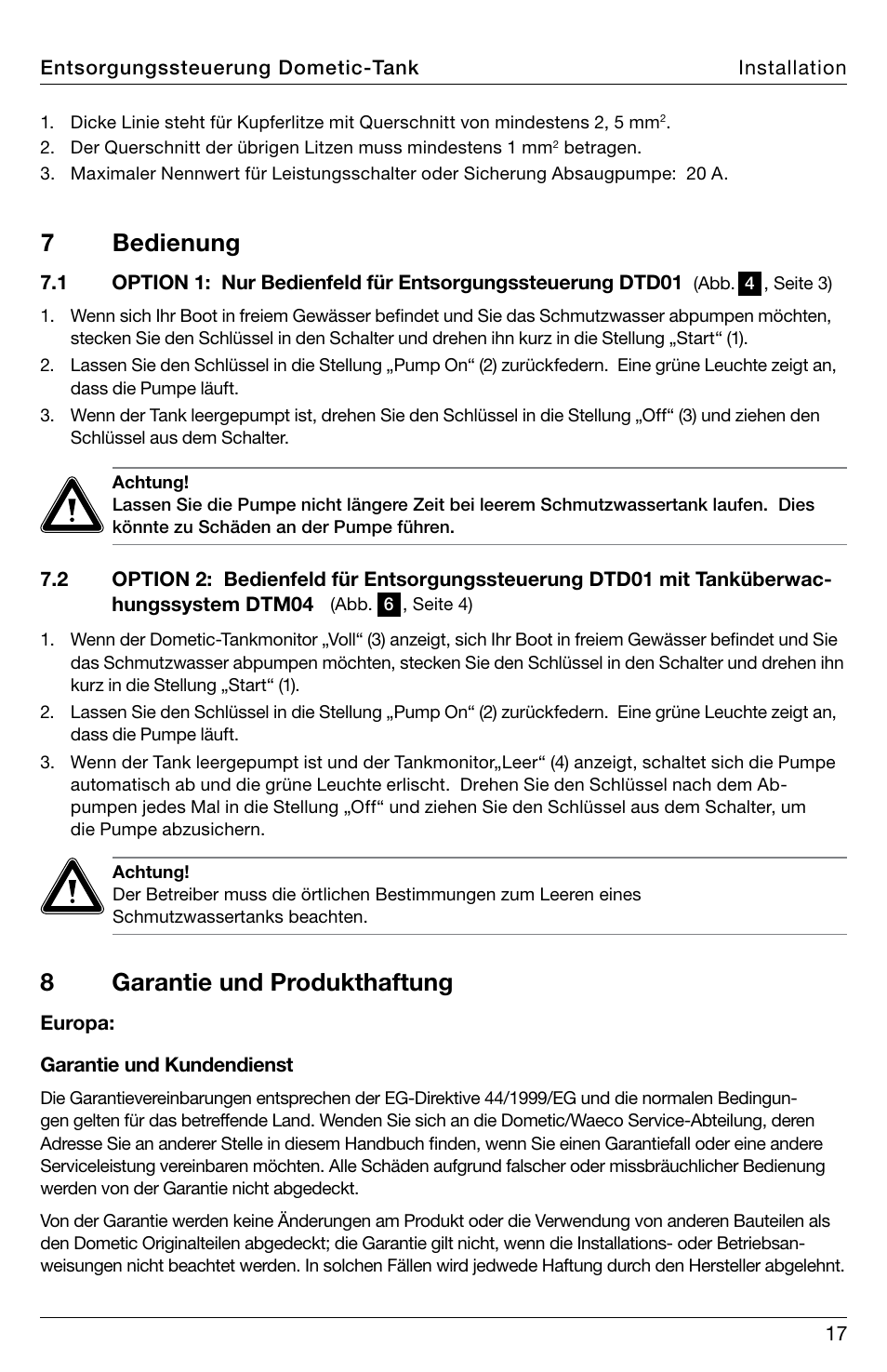 7 bedienung, 8garantie und produkthaftung | SeaLand DTD01 Discharge Pump Control User Manual | Page 17 / 72