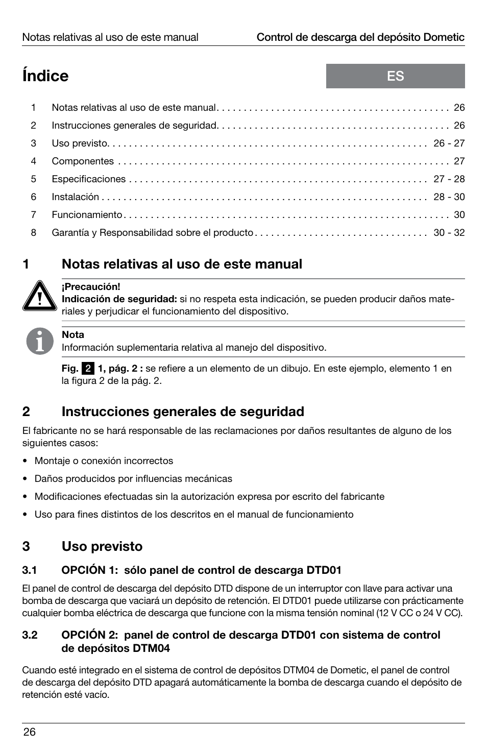 Índice, 1notas relativas al uso de este manual, 2instrucciones generales de seguridad | 3uso previsto | SeaLand DTD01 Discharge Pump Control User Manual | Page 26 / 72