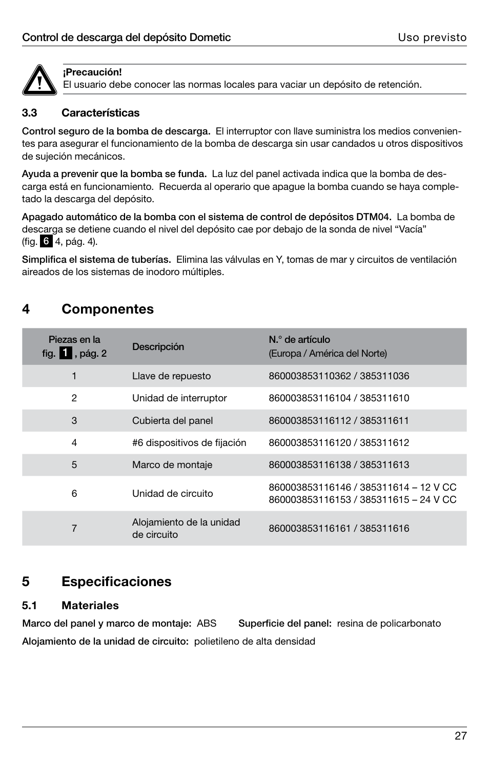 4 componentes, 5 especificaciones | SeaLand DTD01 Discharge Pump Control User Manual | Page 27 / 72