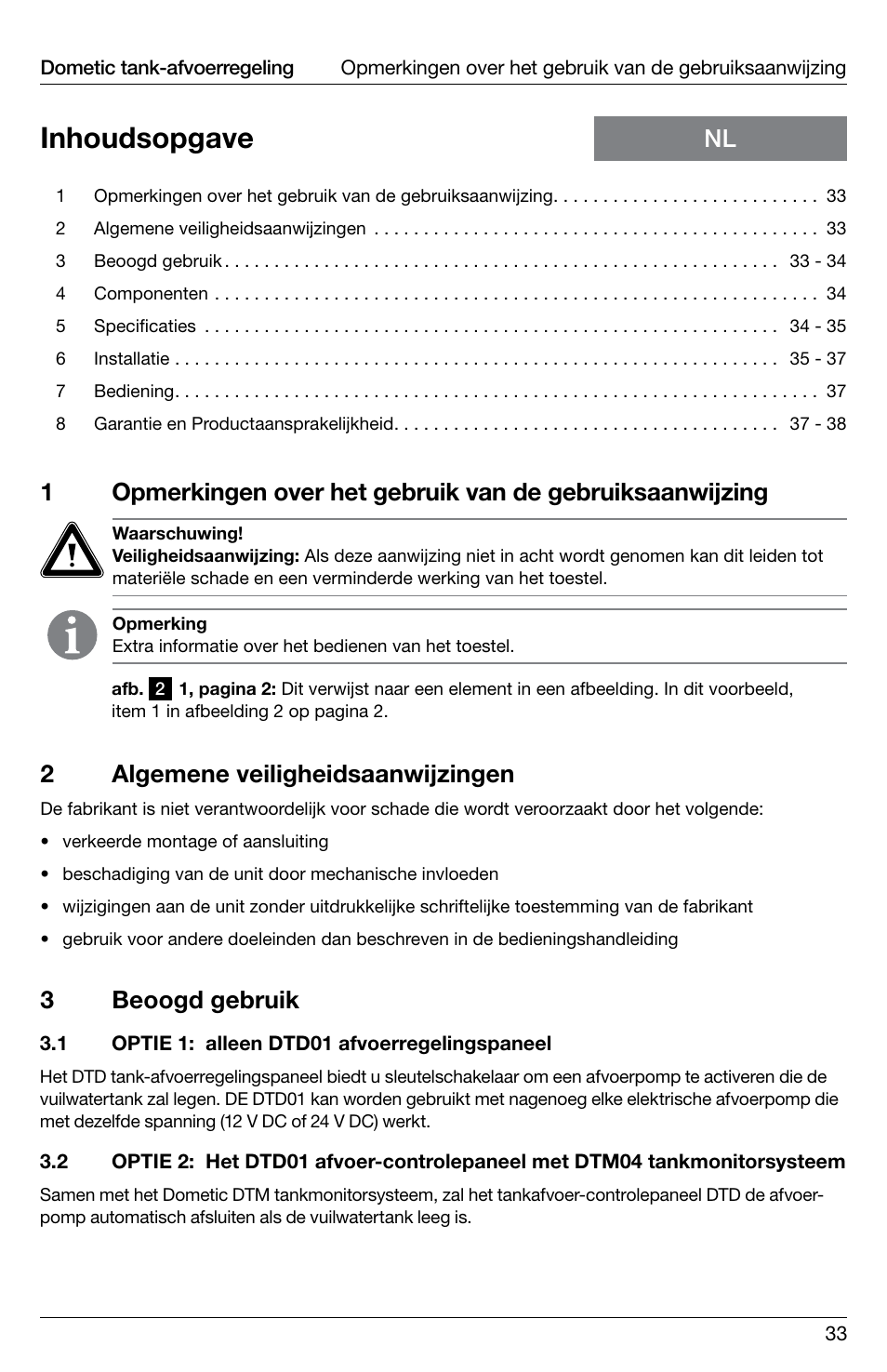 Inhoudsopgave, 2algemene veiligheidsaanwijzingen, 3beoogd gebruik | SeaLand DTD01 Discharge Pump Control User Manual | Page 33 / 72