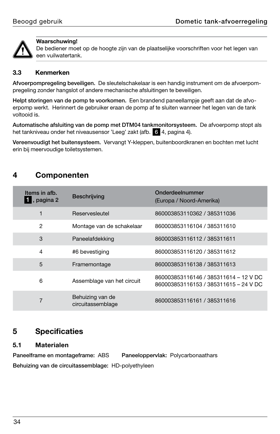 4 componenten, 5 specificaties | SeaLand DTD01 Discharge Pump Control User Manual | Page 34 / 72