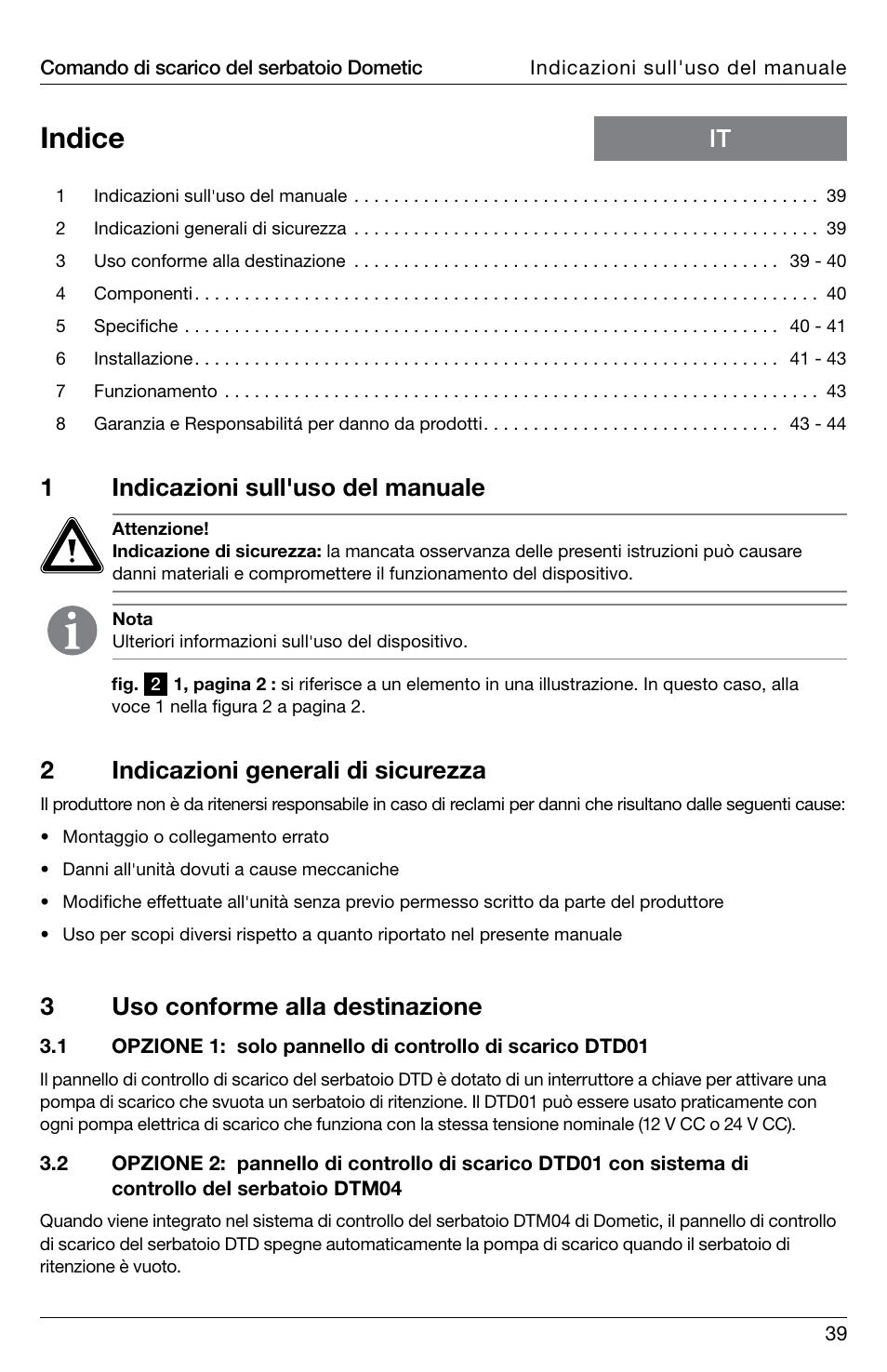 Indice, 1indicazioni sull'uso del manuale, 2indicazioni generali di sicurezza | 3uso conforme alla destinazione | SeaLand DTD01 Discharge Pump Control User Manual | Page 39 / 72