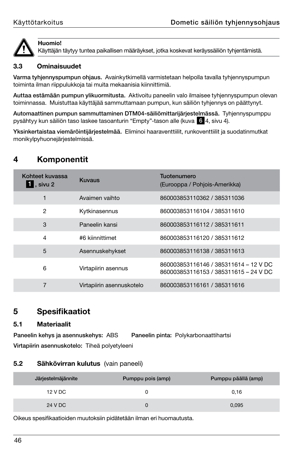 4 komponentit, 5 spesifikaatiot | SeaLand DTD01 Discharge Pump Control User Manual | Page 46 / 72