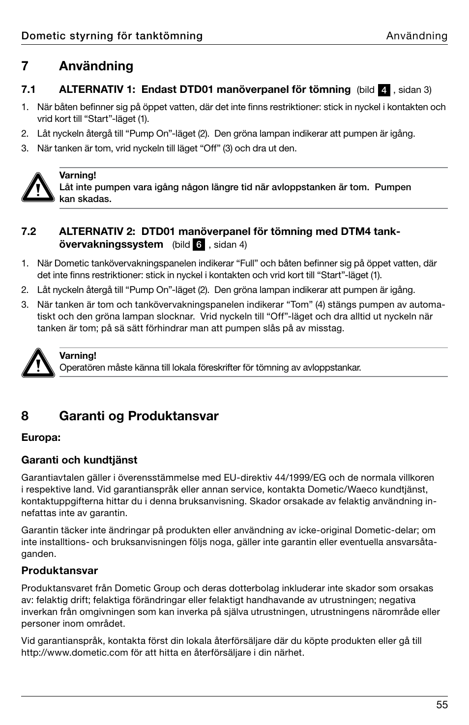 7 användning, 8garanti og produktansvar | SeaLand DTD01 Discharge Pump Control User Manual | Page 55 / 72