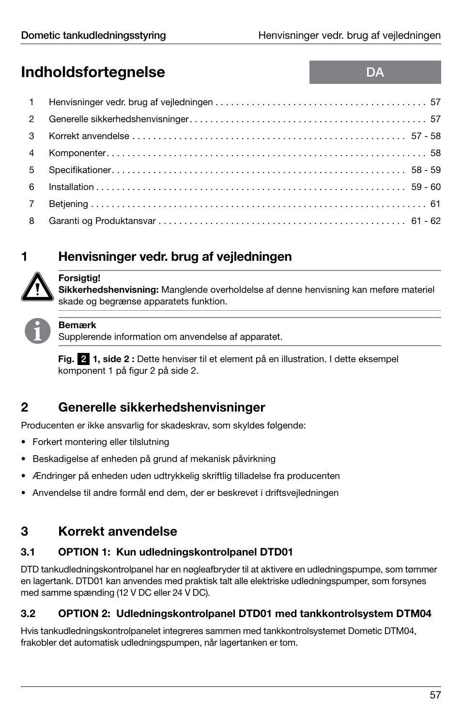 Indholdsfortegnelse, 1henvisninger vedr. brug af vejledningen, 2generelle sikkerhedshenvisninger | 3korrekt anvendelse | SeaLand DTD01 Discharge Pump Control User Manual | Page 57 / 72