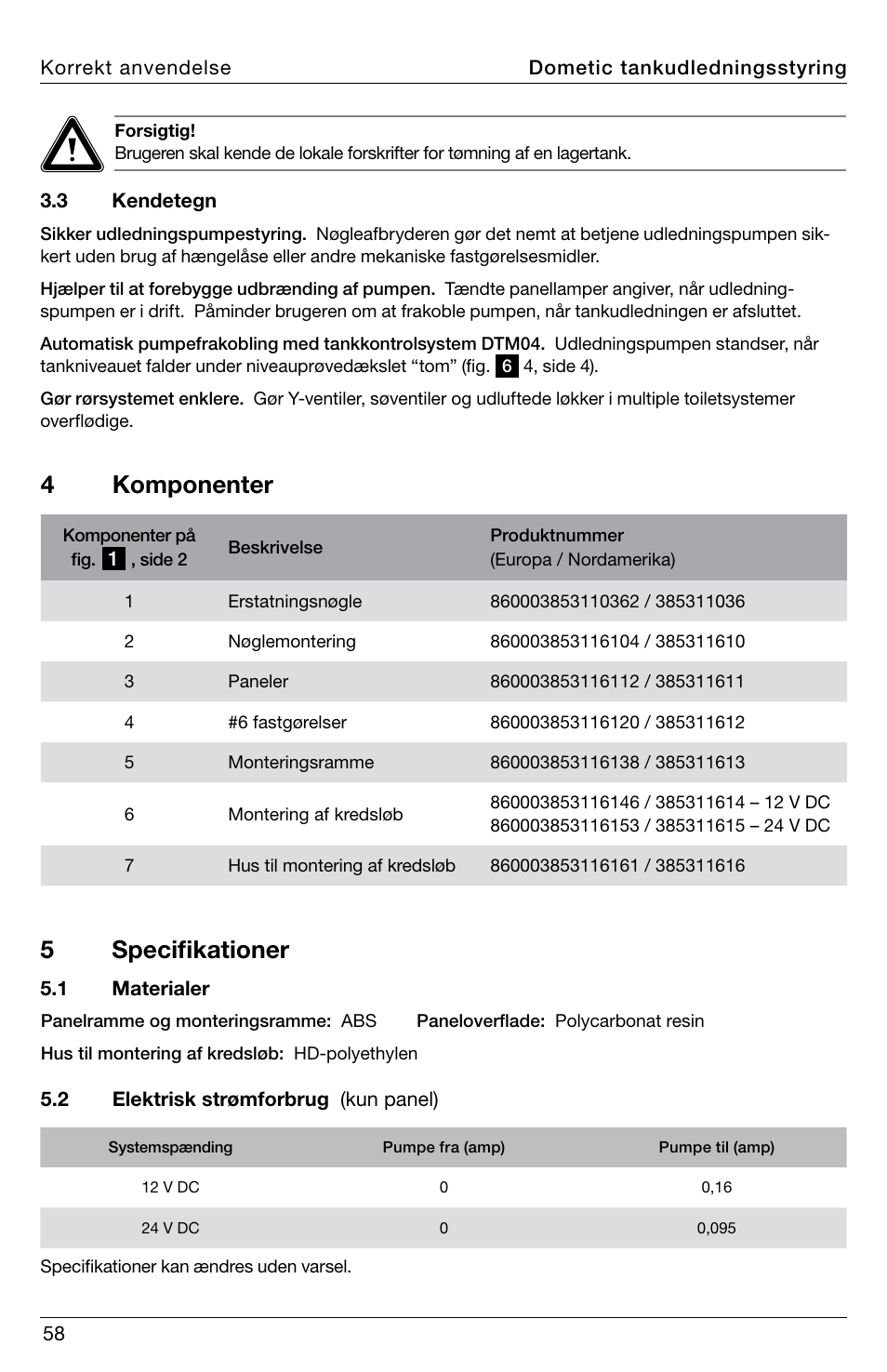 4 komponenter, 5 specifikationer | SeaLand DTD01 Discharge Pump Control User Manual | Page 58 / 72