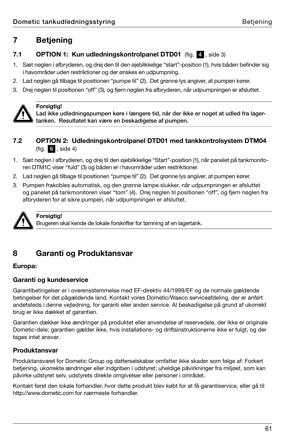 7 betjening, 8garanti og produktansvar | SeaLand DTD01 Discharge Pump Control User Manual | Page 61 / 72