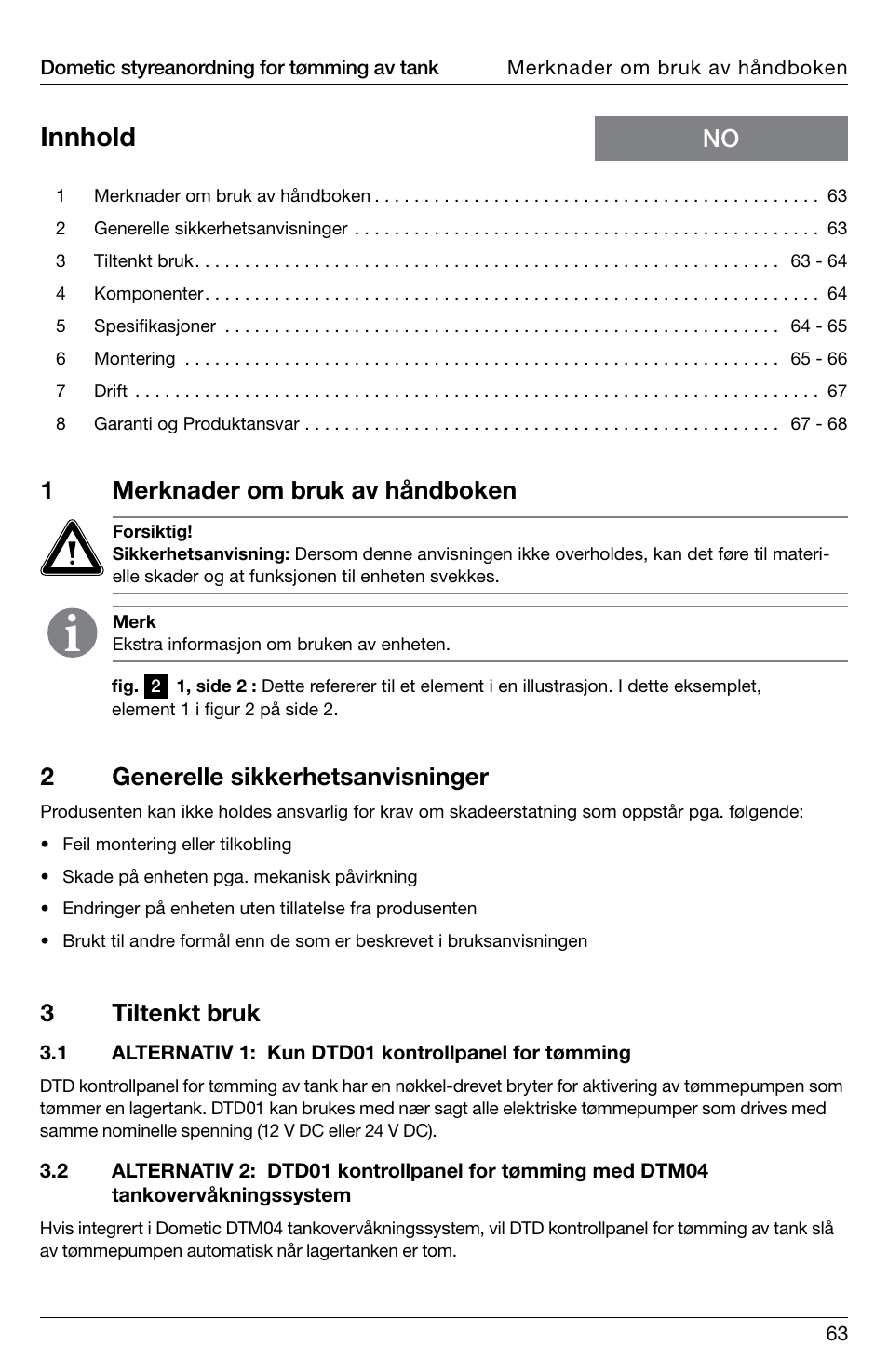 Innhold, 1merknader om bruk av håndboken, 2generelle sikkerhetsanvisninger | 3tiltenkt bruk | SeaLand DTD01 Discharge Pump Control User Manual | Page 63 / 72