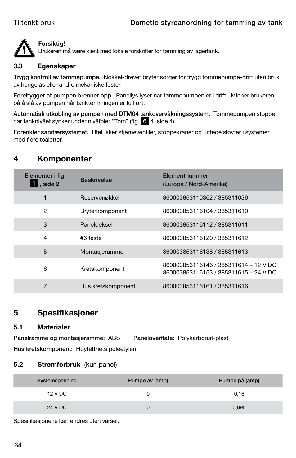 4 komponenter, 5 spesifikasjoner | SeaLand DTD01 Discharge Pump Control User Manual | Page 64 / 72