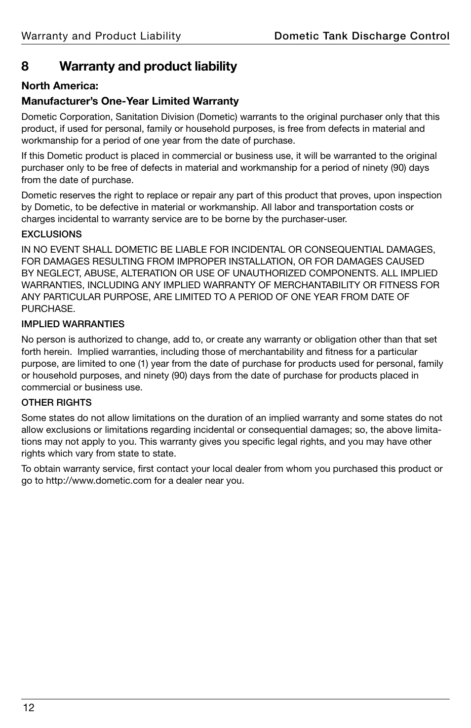 Warranty, 8warranty and product liability | SeaLand DTD02A Auto Discharge Pump Control User Manual | Page 12 / 16
