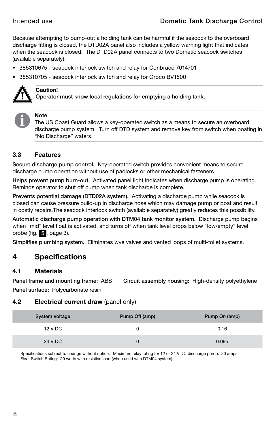 Specifications, 4 specifications | SeaLand DTD02A Auto Discharge Pump Control User Manual | Page 8 / 16