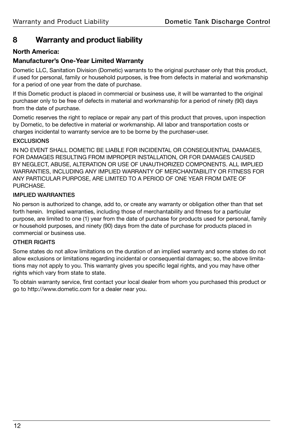 Warranty and product liability, 8warranty and product liability | SeaLand DTD02 Discharge Pump Control User Manual | Page 12 / 16
