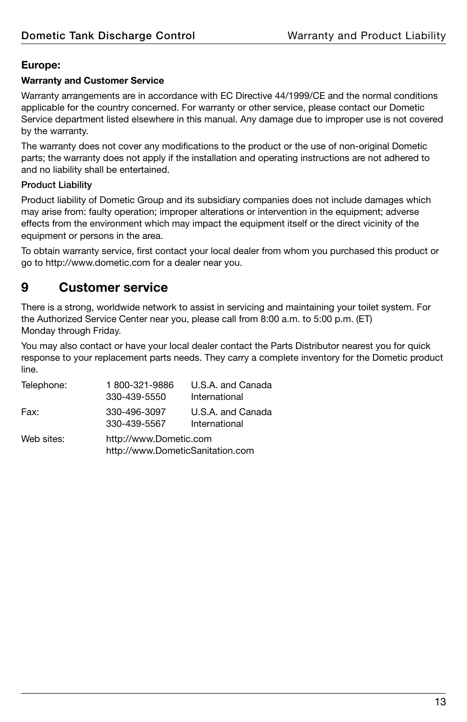 Customer service, 9customer service | SeaLand DTD02 Discharge Pump Control User Manual | Page 13 / 16