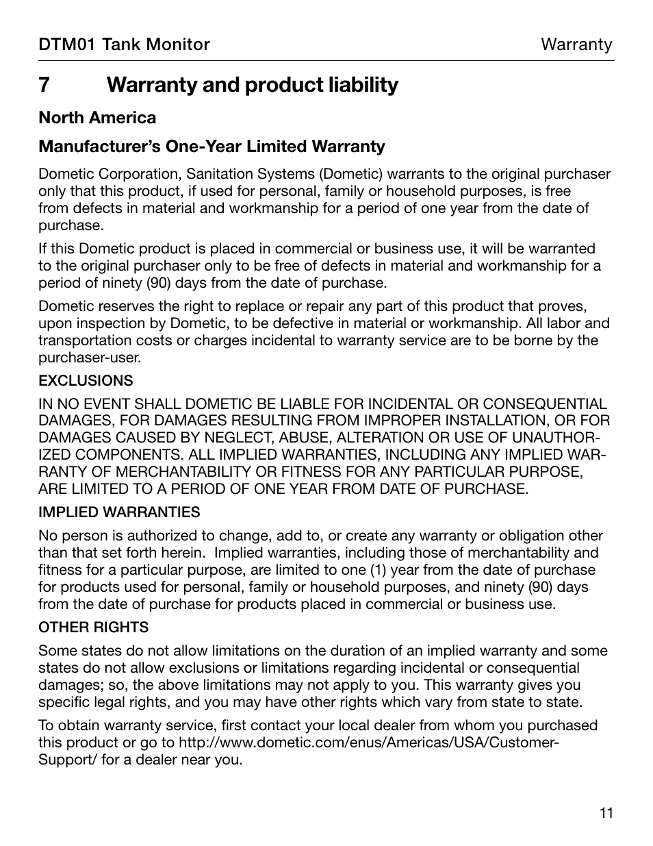 Warranty, North america, 7warranty and product liability | SeaLand DTM01 Tank Monitor User Manual | Page 11 / 12