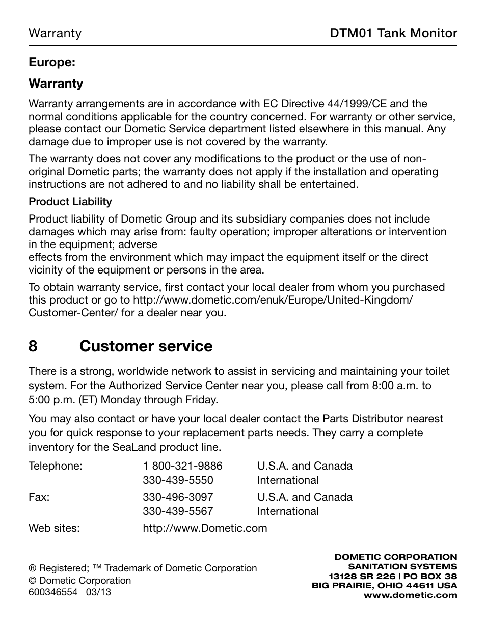 Europe, Customer service, 8customer service | SeaLand DTM01 Tank Monitor User Manual | Page 12 / 12