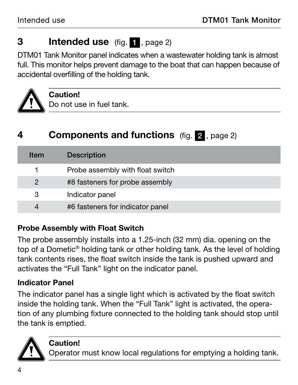 Intended use, Components and functions, 3intended use | 4components and functions | SeaLand DTM01 Tank Monitor User Manual | Page 4 / 12