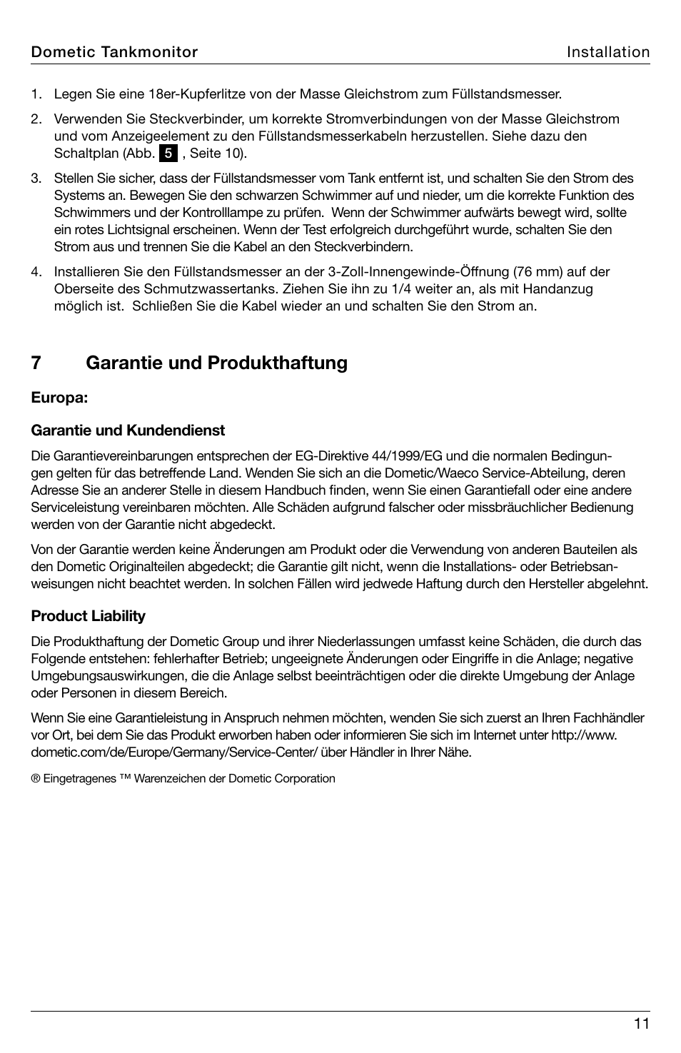 7garantie und produkthaftung | SeaLand DTM01C Tank Monitor User Manual | Page 11 / 48