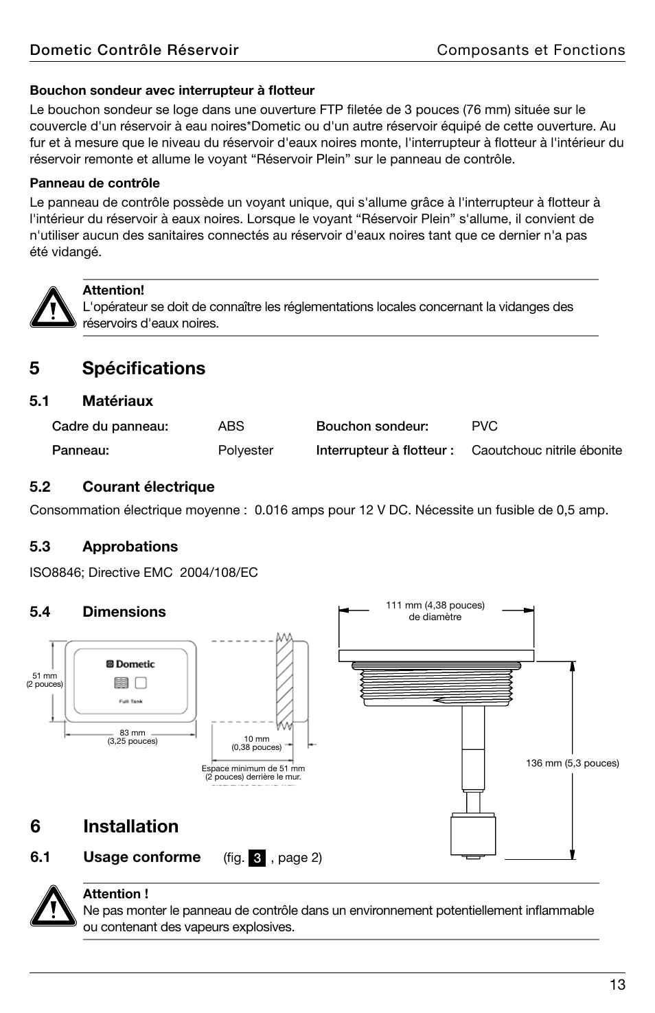 5spécifications, 6installation | SeaLand DTM01C Tank Monitor User Manual | Page 13 / 48