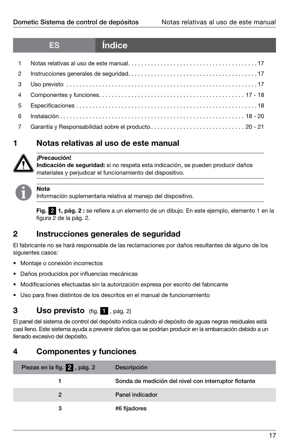 Índice, 1notas relativas al uso de este manual, 3uso previsto | 4componentes y funciones, 2instrucciones generales de seguridad | SeaLand DTM01C Tank Monitor User Manual | Page 17 / 48