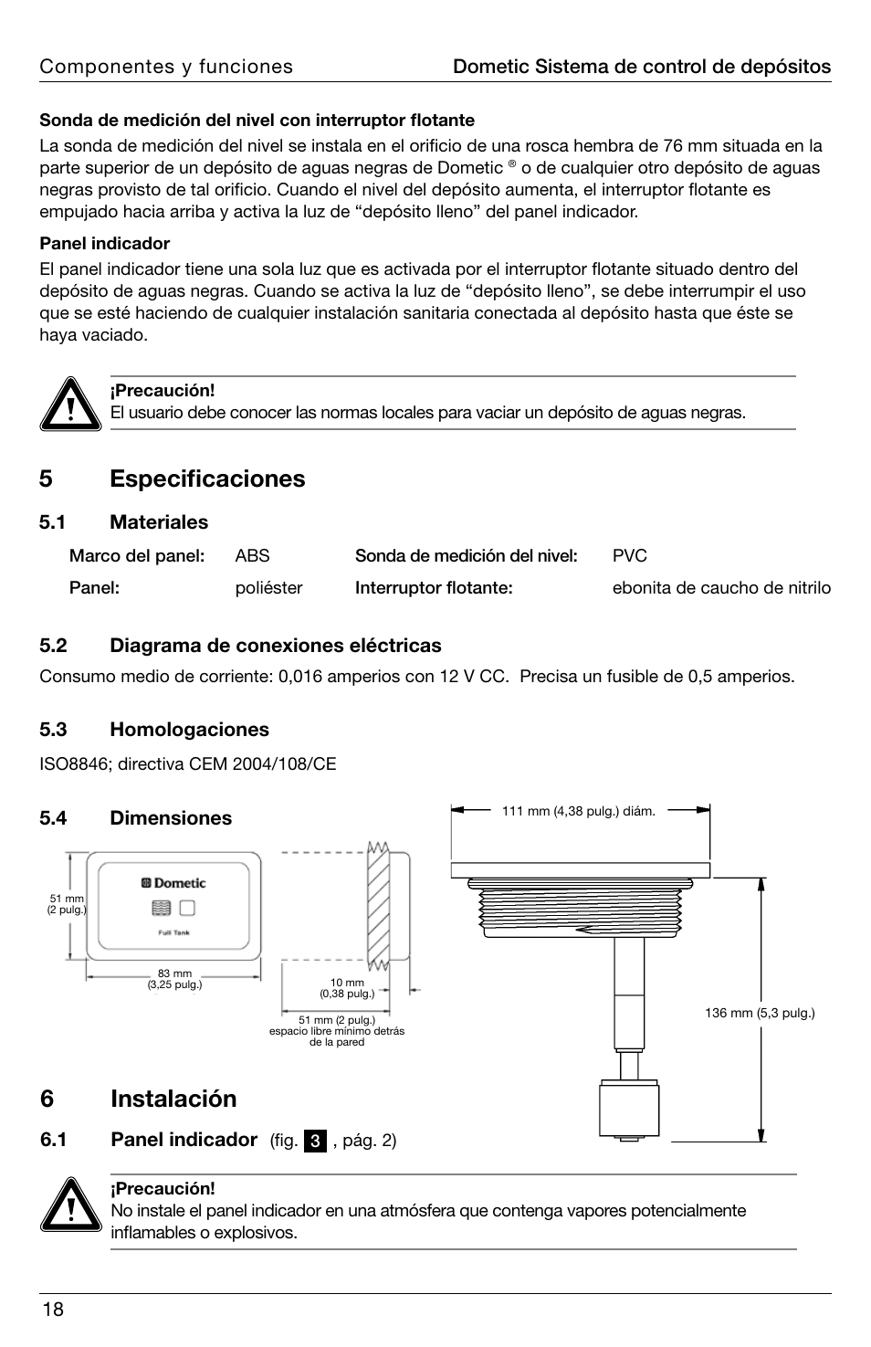 5especificaciones, 6instalación | SeaLand DTM01C Tank Monitor User Manual | Page 18 / 48