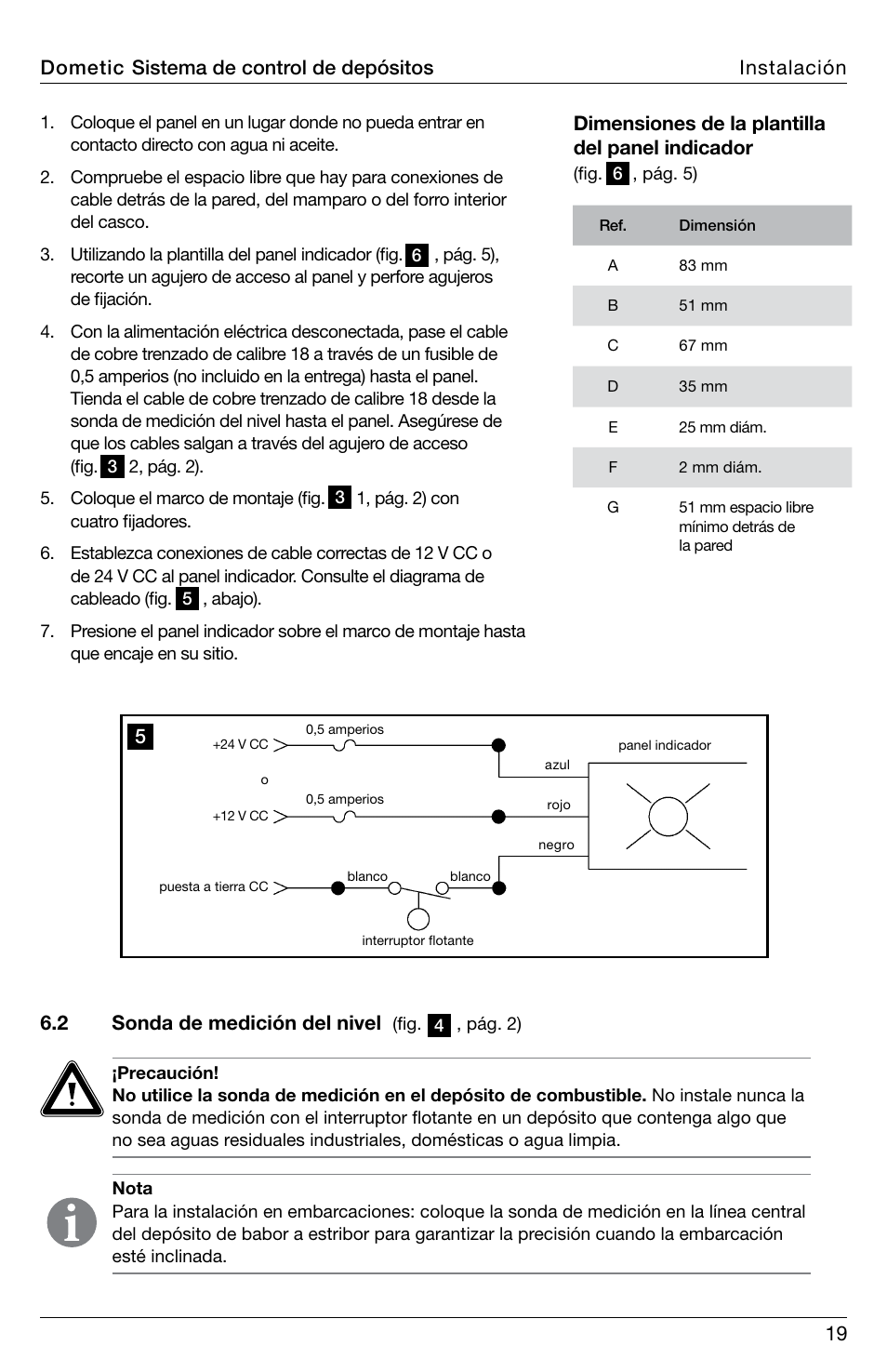 Dimensiones de la plantilla del panel indicador, 2 sonda de medición del nivel | SeaLand DTM01C Tank Monitor User Manual | Page 19 / 48