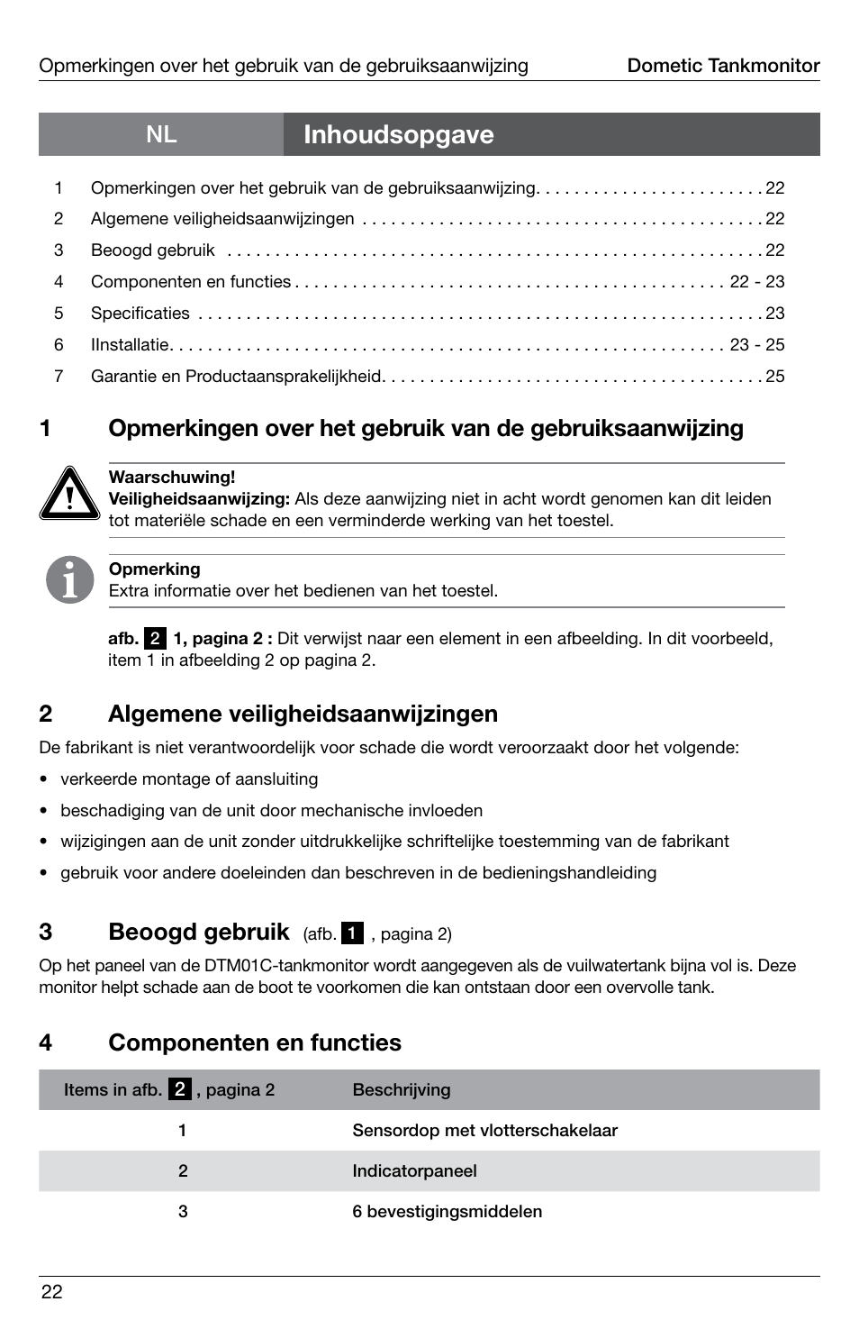 Inhoudsopgave, 3beoogd gebruik, 4componenten en functies | 2algemene veiligheidsaanwijzingen | SeaLand DTM01C Tank Monitor User Manual | Page 22 / 48