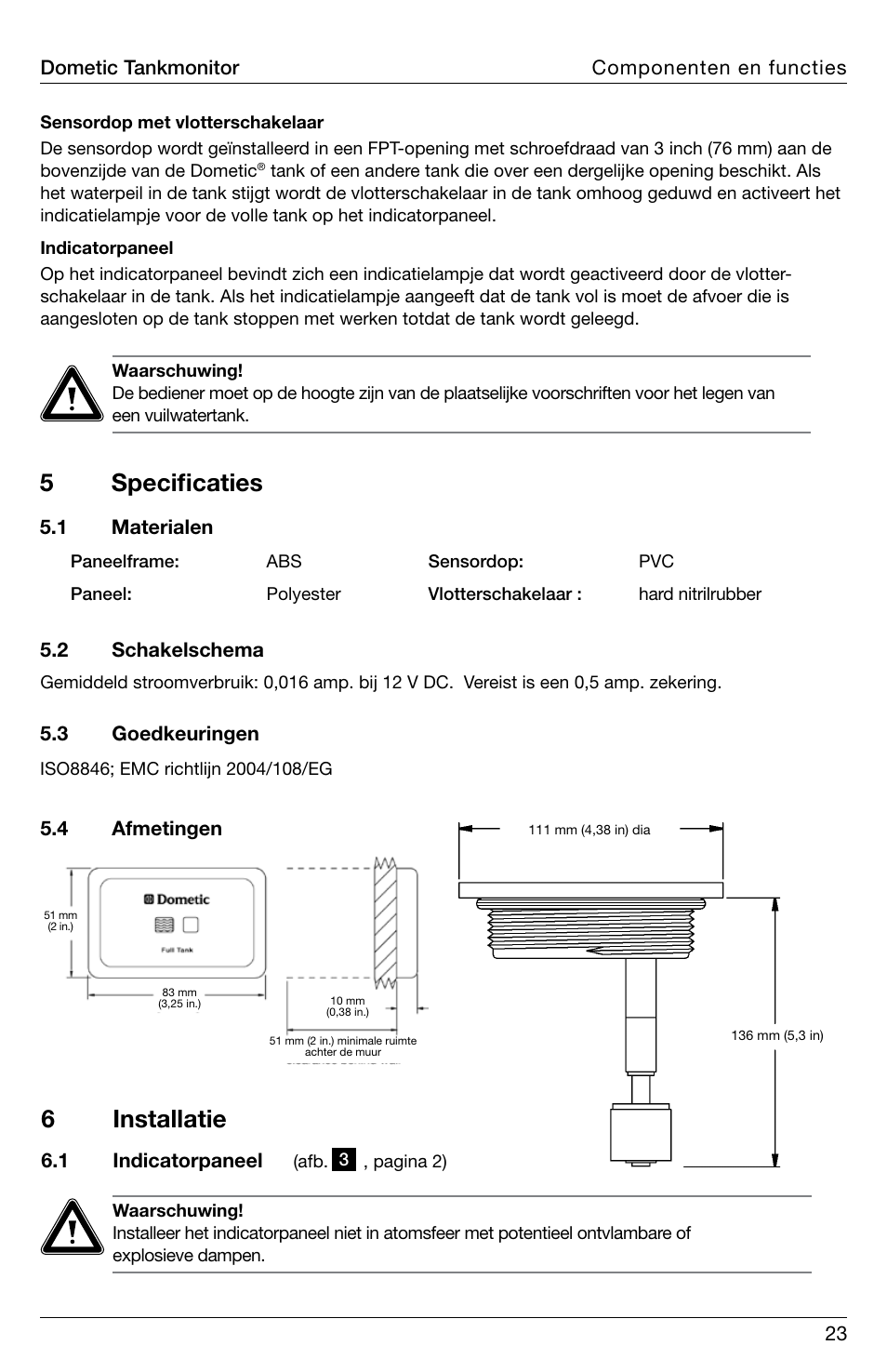 5specificaties, 6installatie | SeaLand DTM01C Tank Monitor User Manual | Page 23 / 48