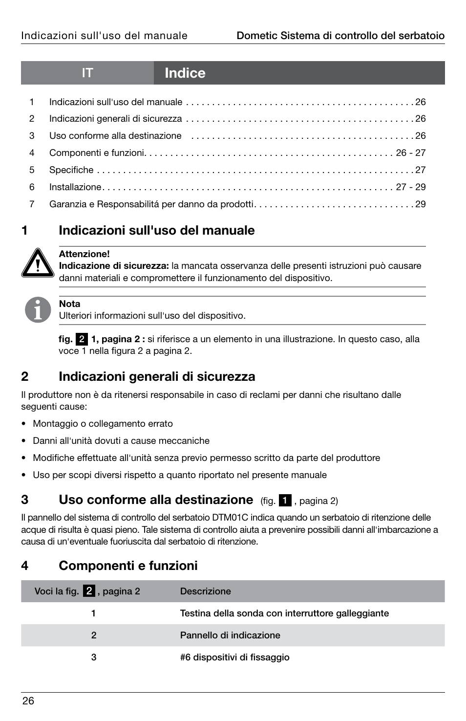 Indice, 1indicazioni sull'uso del manuale, 3uso conforme alla destinazione | 4componenti e funzioni, 2indicazioni generali di sicurezza | SeaLand DTM01C Tank Monitor User Manual | Page 26 / 48